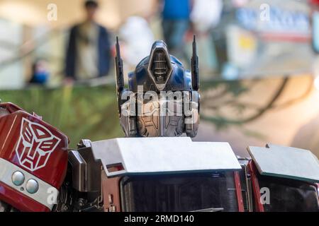 Kuala Lumpur, Malysia - June 2, 2023: Statue replica of Optimus Prime from Rise of the Beast Movie. This movie is a prequel from previous Transformers Stock Photo