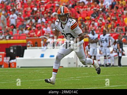 Cleveland Browns safety Ronnie Hickman (33) goes into motion during a play  in an NFL preseason football game against the Kansas City Chiefs Saturday,  Aug. 26, 2023, in Kansas City, Mo. (AP