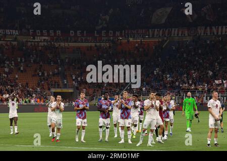 Milan, Italy. 26th Aug, 2023. Italy, Milan, august 26 2023: players of Torino FC greets the fans in the stands at the end of soccer game AC Milan vs Torino FC, day2 Serie A 2023-2024 San Siro Stadium (Credit Image: © Fabrizio Andrea Bertani/Pacific Press via ZUMA Press Wire) EDITORIAL USAGE ONLY! Not for Commercial USAGE! Stock Photo