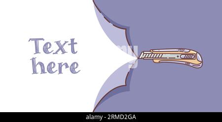Cutter, paper knife. Cut paper. Horizontal banner. Vector illustration in doodle style. Stationery, blade. Vector image, pastel colors. For advertisin Stock Vector