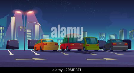 Night car park lot on city street vector illustration. Free slot for vehicle on urban public carpark with skyscraper view. Lantern light ray on transport rest zone and many transport back design. Stock Vector