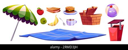 Food and equipment for picnic in park and open-air holidays. Cartoon vector illustration of fast meals ready to eat - sandwiches and fruits, wicker basket and inflatable ball, beach umbrella and rug. Stock Vector
