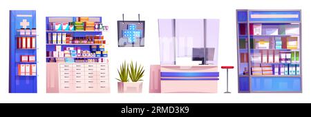 Pharmacy equipment - cartoon drugstore shelves and racks with boxes, glasses and tubes of medicines, vitamins and health and treatment products, counter with computer and sign with luminous cross. Stock Vector