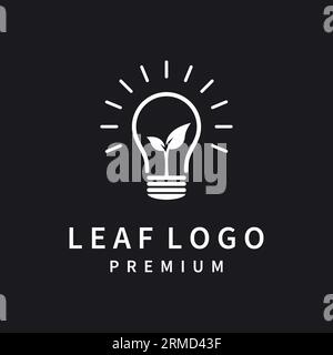 electric light bulb with green leaf. Isolated on White. in black background Stock Vector