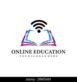 Online education logo template. Distance learning vector design. Open book illustration and Wi-Fi signal. Stock Vector