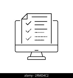 Desktop computer with digital questionnaire flat line icon. Vector thin sign of online test result, education logo. Survey outline illustration Stock Vector