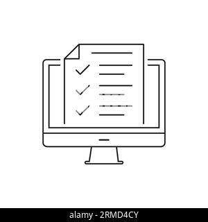 Desktop computer with digital questionnaire flat line icon. Vector thin sign of online test result, education logo. Survey outline illustration Stock Vector