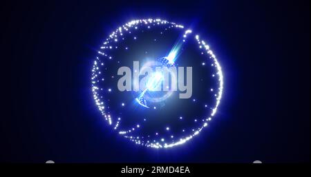 Abstract sphere atom with electrons flying glowing bright particles and ...