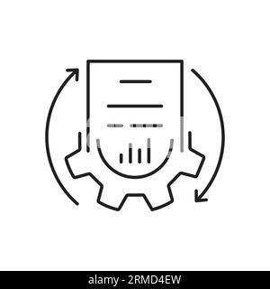 black thin line tech document flow icon. simple linear trend modern business or cogwheel logotype graphic stroke design web element. concept of indust Stock Vector