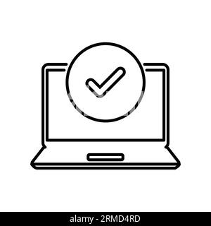 validate icon with thin line laptop and checkmark. linear simple logotype stroke design web element isolated on white. concept of easy access and prog Stock Vector