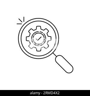 magnifying glass with linear gear like optimization. flat stroke trend modern cog wheel logotype graphic design isolated on white background. concept Stock Vector