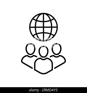 thin line global governance icon like people with globe. lineart trend modern logotype graphic stroke art design element isolated on white background. Stock Vector