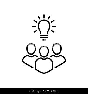 thin line insight icon with group of people and black bulb. outline flat trend modern logo graphic stroke art design isolated on white. concept of sch Stock Vector