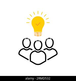 outline staff icon with yellow bulb like insight. concept of aha moment skill or development service. flat cartoon trend smart people meeting logotype Stock Vector