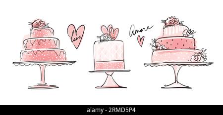 A set of beautiful modern multi-tiered cakes on a stand, card for wedding, birthday, bakery. Modern hand drawing, vintage watercolor card isolated on Stock Vector