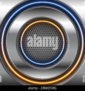 Metallic and glow neon circles on dark grey perforated background. Vector design Stock Vector