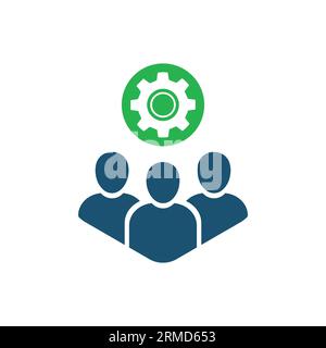 team work icon with gear like easy operation process. flat cartoon trend technical union of people logotype graphic simple design element isolated on Stock Vector