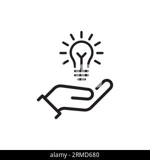 thin line hand holding lightbulb like expertise. linear trend modern simple lineart knowledge logotype stroke art design element isolated on white. co Stock Vector