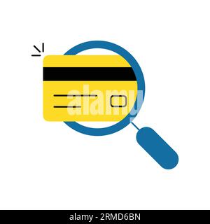 yellow credit card checking with magnifying glass. concept of banking risk detection or check falsification. flat cartoon trend modern finance logotyp Stock Vector