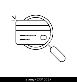 thin line credit card with black magnifying glass. concept of banking risk detection or check falsification. flat outline trend modern logotype graphi Stock Vector