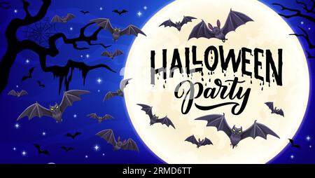 Halloween holiday banner with flying bats on moon background. Vector party card with midnight scene of creepy vampire animals flock and black silhouet Stock Vector