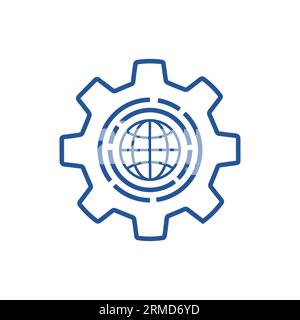 blue global industry icon with thin line gear and globe. flat linear trend modern graphic stroke design web element isolated on white. concept of inte Stock Vector