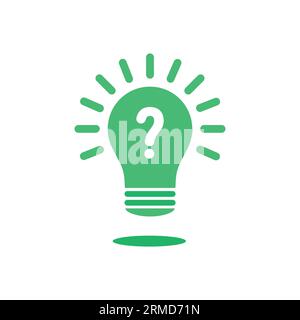 question mark on green light bulb like quiz icon. concept of expert pictogram or visionary symbol. flat cartoon trend simple think outside the box log Stock Vector