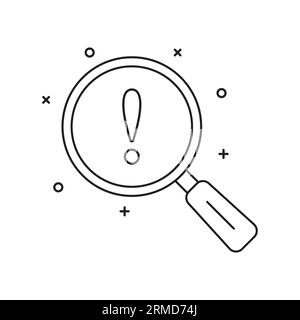 black thin line loupe with exclamation point like fraud. lineart trend modern linear logotype graphic stroke design isolated on white. concept of sear Stock Vector