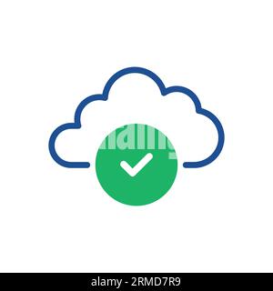 thin line blue cloud icon with green checkmark. concept of data synchronization or connect and mobile app pictogram. flat outline trend modern logotyp Stock Vector
