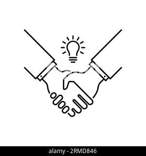 thin line handshake with bulb like business efficacy. simple outline trend modern stroke enterprise logotype graphic design element isolated on white. Stock Vector