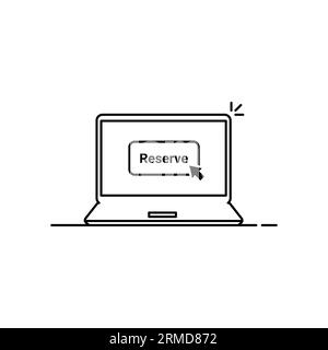 black linear laptop with book now. concept of easy booking by notebook or mobile device and pre-order motel. flat stroke modern ui logotype graphic ar Stock Vector