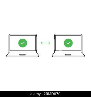linear easy file transfer or data backup. concept of info or doc migration on notebook screen and electronic archive storage. simple stroke modern gra Stock Vector