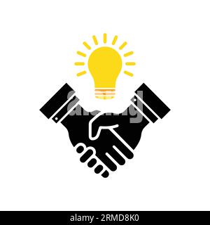 handshake with yellow bulb like great deal icon. concept of financial help expert or venture invest. flat trend modern efficacy enterprise logotype gr Stock Vector
