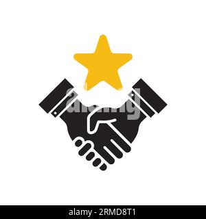 handshake with yellow star like partnership icon. flat simple trend gift logotype design element isolated on white background. concept of consumer crm Stock Vector
