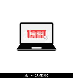 black laptop with red buy now button. flat simple cpc logotype graphic design isolated on white background. concept of client making easy decision or Stock Vector