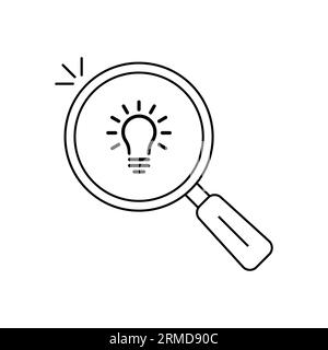 black thin line magnifying glass with bulb inside. flat linear simple trend modern visionery logotype stroke design isolated on white. concept of sugg Stock Vector