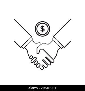 thin line deal icon with handshake and coin. concept of great deal between two people or easy collaboration and relation. simple linear modern logotyp Stock Vector