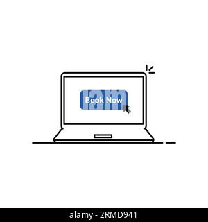 online booking on thin line laptop. concept of reservation room or bed in hotel or hostel for winter family holidays. flat outline style trend modern Stock Vector