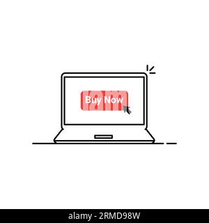 red buy now button in linear laptop. concept of client making easy decision or pre-order and badge for online store e-commerce. flat simple cpc logoty Stock Vector