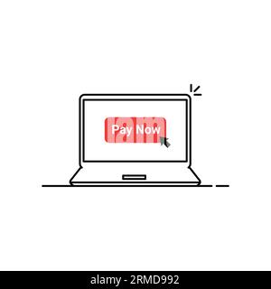 black thin line laptop with pay now button. linear flat style trend modern simple logotype graphic art design isolated on white background. concept of Stock Vector