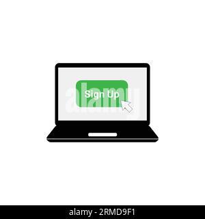 green sign up button on laptop screen. concept of signup on site or apply now to community and open registration. flat cartoon modern logotype graphic Stock Vector