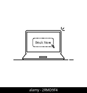 black linear laptop with book now. flat stroke modern ui logotype graphic art simple design isolated on white background. concept of easy reserve by n Stock Vector