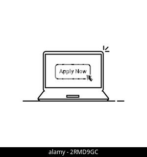 apply now button in thin line laptop. flat stroke style modern logo lineart graphic art design isolated on white. concept of applied to join the commu Stock Vector
