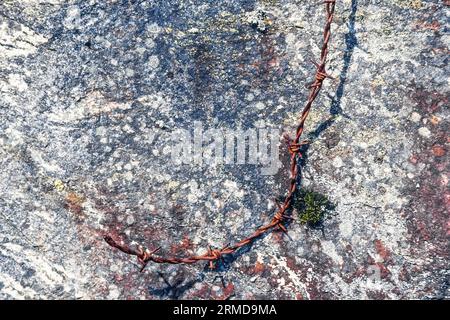 Old rusty barbed wire on rock Stock Photo