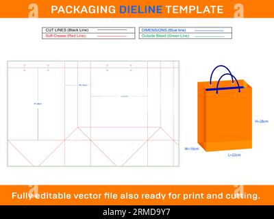 Custom Paper Shopping Bag 22x10x28 cm Die line Template Stock Vector