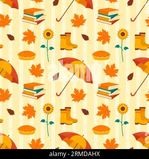 Autumn Season Seamless Pattern Design with Fall Elements in Template Cartoon Flat Illustration Stock Vector