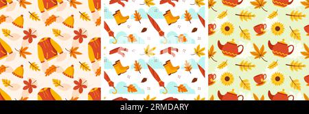 Autumn Season Seamless Pattern Design with Fall Elements in Template Cartoon Flat Illustration Stock Vector