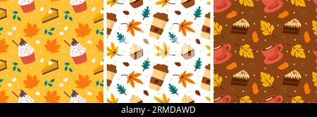 Autumn Season Seamless Pattern Design with Fall Elements in Template Cartoon Flat Illustration Stock Vector