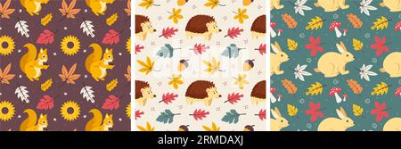 Autumn Season Seamless Pattern Design with Fall Elements in Template Cartoon Flat Illustration Stock Vector