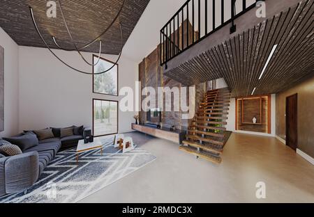 Modern interior design of house, living room with sofa and armchairs 3d ...